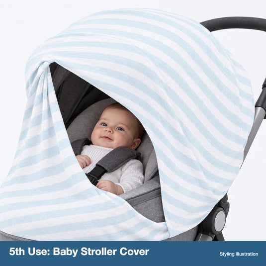 White and sky blue stripe 0to1 nursing cover used as a baby stroller canopy cover with front open for airflow (styling illustration)