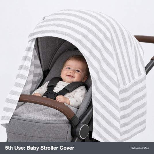 White and grey stripe nursing cover used as a baby stroller cover (styling illustration)