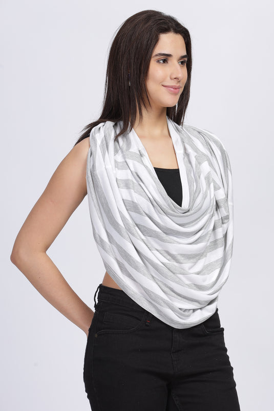 White and grey stripe viscose nursing cover draped as a cover-up