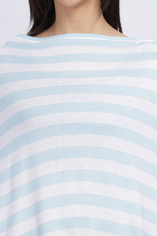 Close-up of soft viscose stretch fabric with white and sky blue yarn-dyed stripes