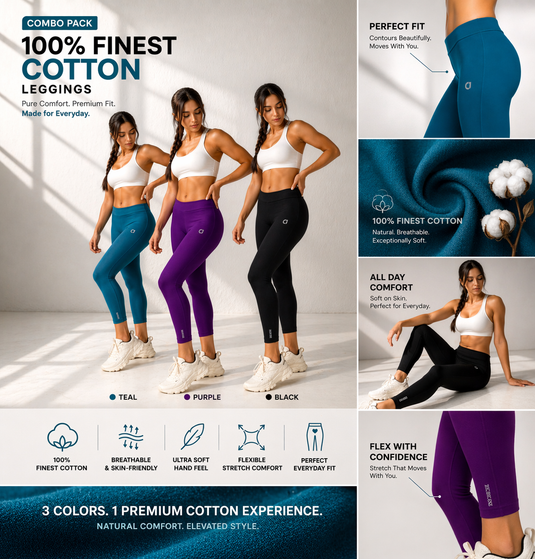Luxury Cotton Stretch Leggings – 3 Pc Combo (Purple,Teal & Black)