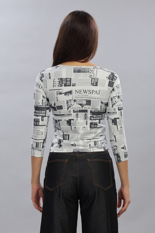 News Paper Printed Full Sleeve Crop Top