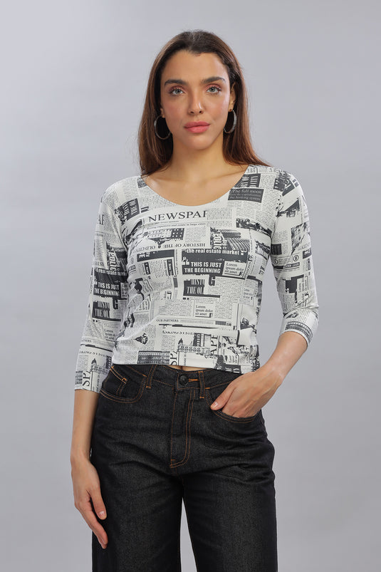 News Paper Printed Full Sleeve Crop Top