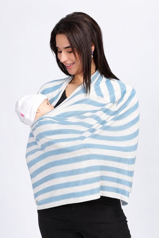 4-in-1 Maternity & Nursing Feeding Cover – White and Sky Blue Stripes