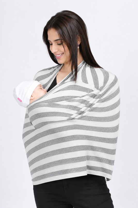 4-in-1 Maternity & Nursing Feeding Cover – White and Grey Stripes