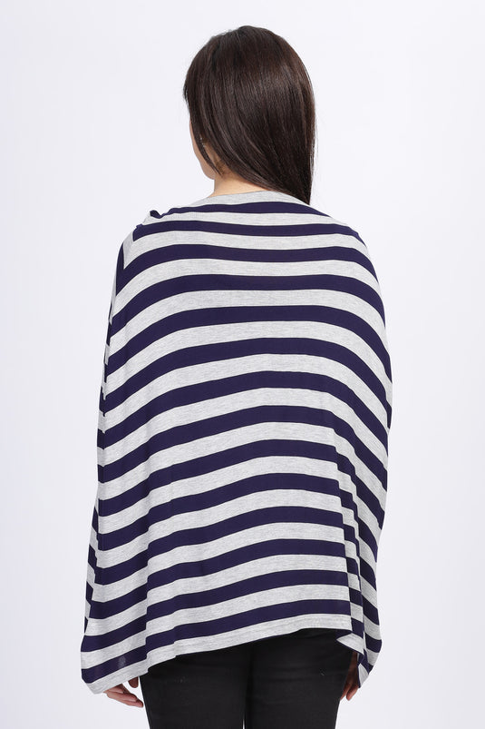 Back view of the navy and grey stripe nursing cover showing full 360 degree coverage