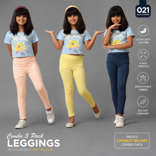 Kids Leggings - Combo 3 Pack (Peach, Blue, Light Yellow)
