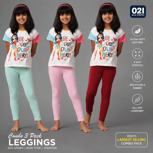 Kids Leggings - Combo 3 Pack (Sea Green, Baby Pink, Maroon)