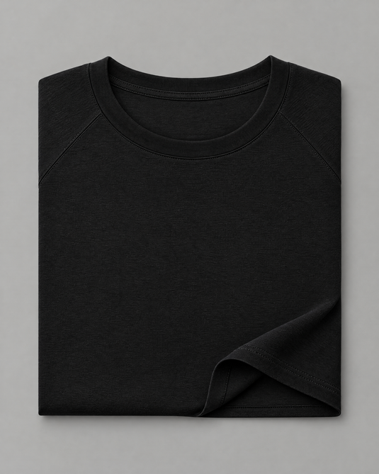 Black bamboo spandex T-shirt – flat lay showing soft fabric drape