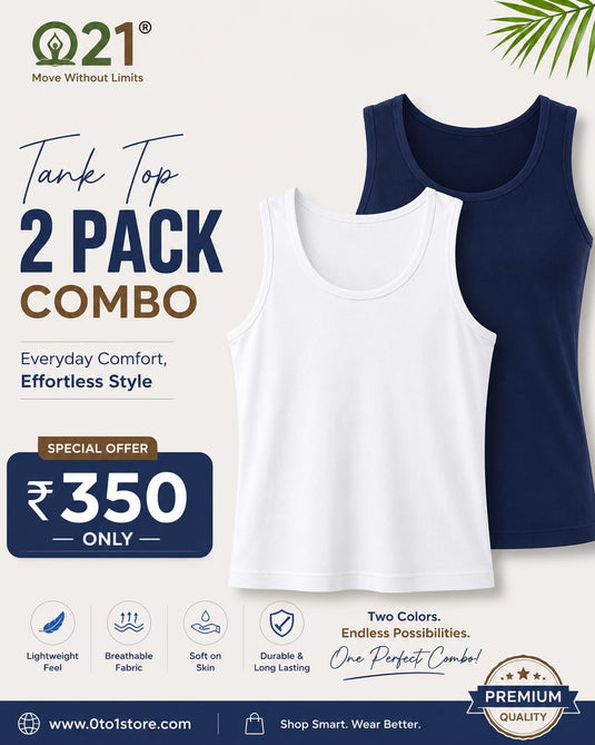 Cotton Tank Top RIB Combo - White/Navy Blue