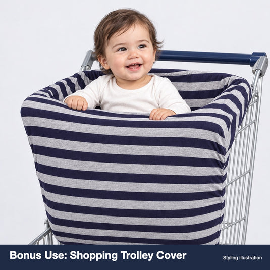 Navy and grey stripe 0to1 nursing cover used as a shopping trolley seat cover with baby inside (styling illustration)