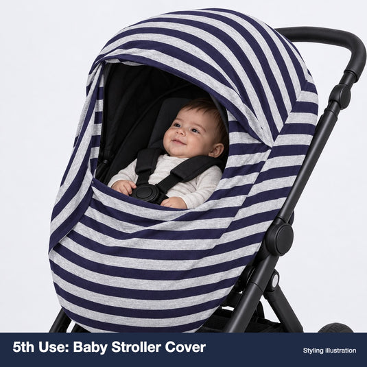 Navy and grey stripe 0to1 nursing cover used as a baby stroller canopy cover with front open for airflow (styling illustration)