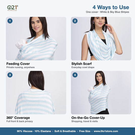 4 ways to use the 0to1 white and sky blue stripe nursing cover: feeding cover, stylish scarf, 360 degree coverage and on-the-go cover-up