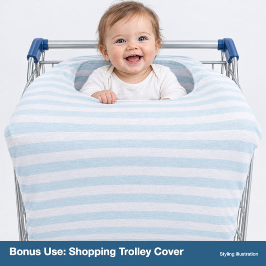 White and sky blue stripe 0to1 nursing cover used as a shopping trolley seat cover with baby inside (styling illustration)