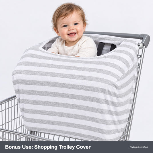 White and grey stripe nursing cover used as a shopping trolley seat cover (styling illustration)