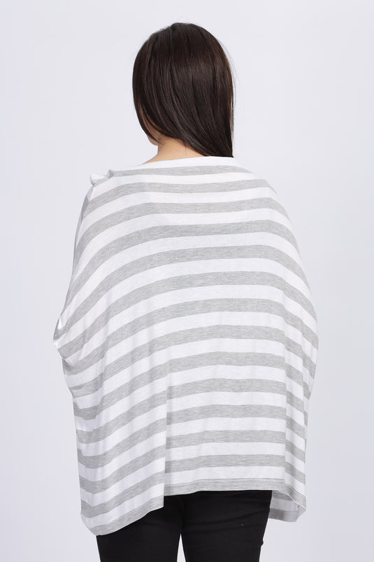 Back view of the white and grey stripe nursing cover showing 360° coverage