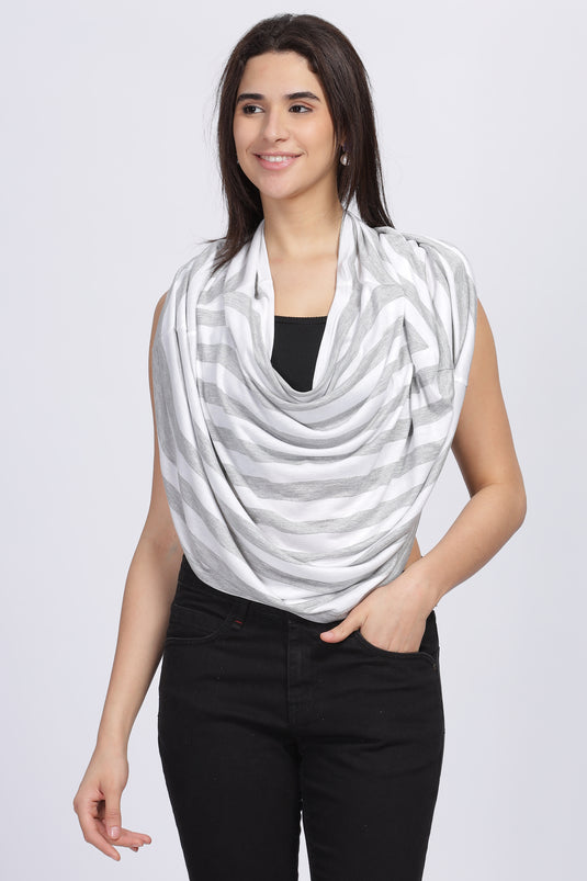 White and grey stripe nursing cover styled as an everyday scarf
