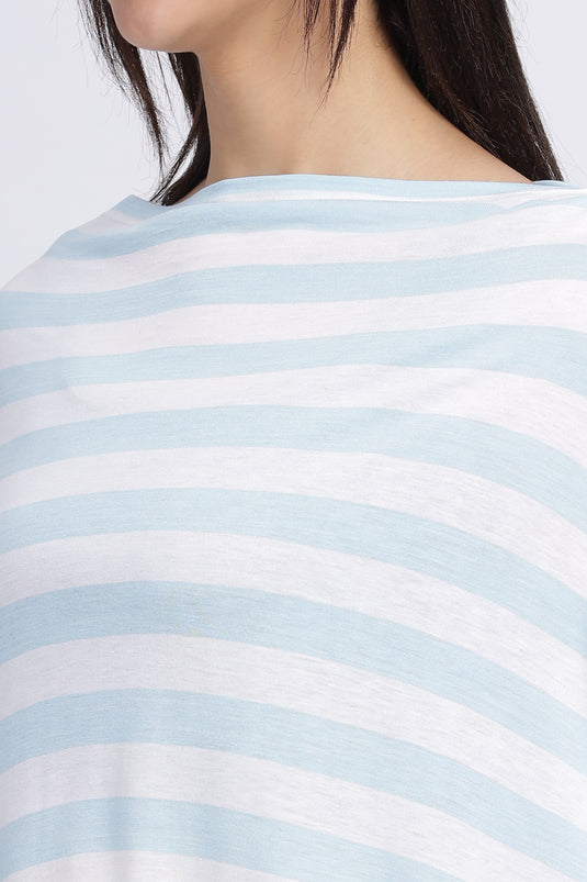 Fabric detail of the white and sky blue stripe nursing cover at the neckline