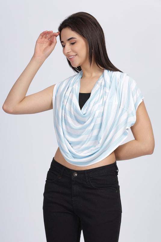 Striped nursing cover styled as a cowl scarf over a black top
