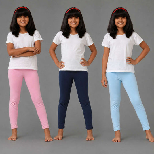 Kids Leggings -Combo 3 Pack (Pastel Pink, Navy, Sky Blue)