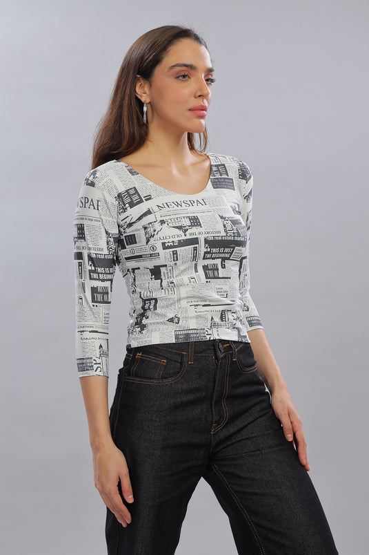 News Paper Printed Full Sleeve Crop Top