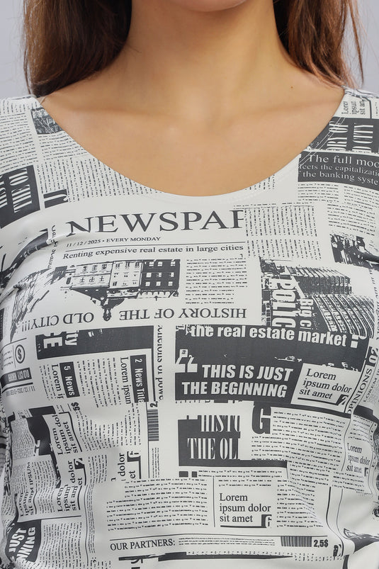News Paper Printed Full Sleeve Crop Top
