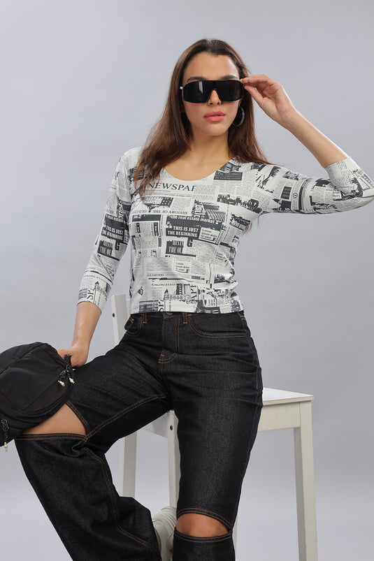 News Paper Printed Full Sleeve Crop Top