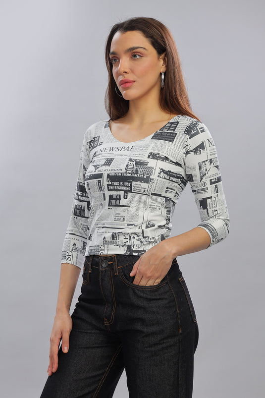 News Paper Printed Full Sleeve Crop Top