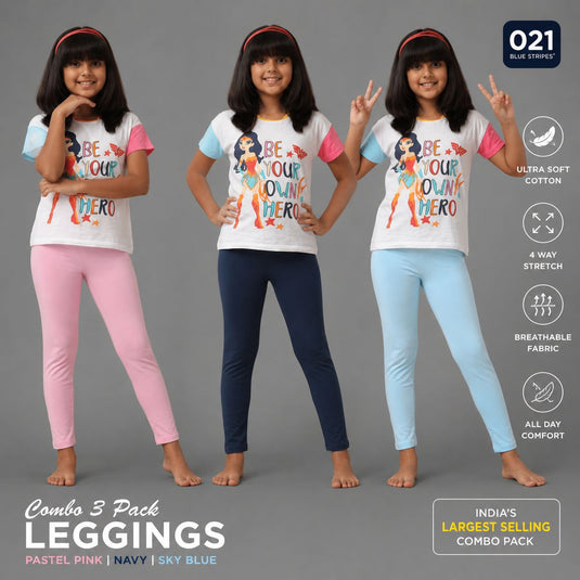 Kids Leggings -Combo 3 Pack (Pastel Pink, Navy, Sky Blue)