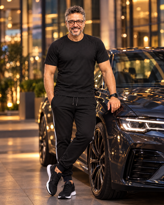 Men's black bamboo T-shirt – lifestyle, city evening
